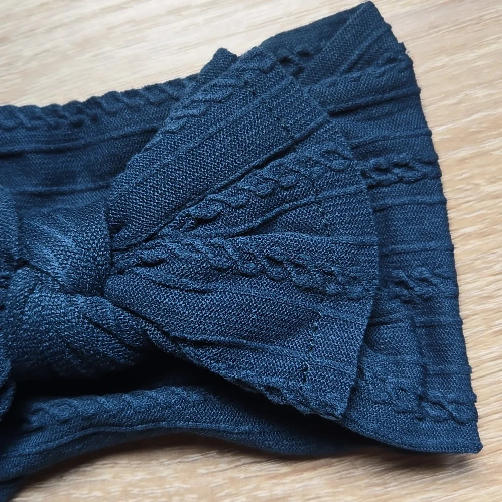 Boho Kids Bowknot Headband Navy Blue Cable Knit Baby Turban Stretchy Hairband